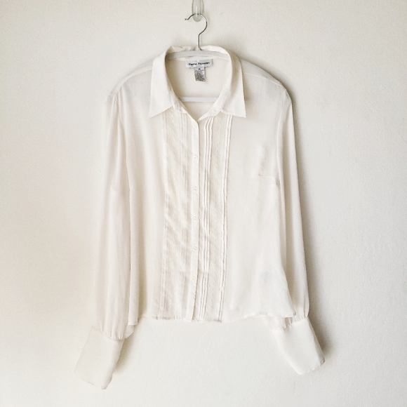 Vintage Gauzy Sheer Cream Blouse 90's Button Down - Picture 9 of 12